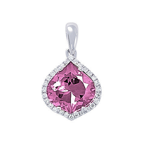 N1041PCW Lab Pink Sapphire and Diamond Halo Necklace